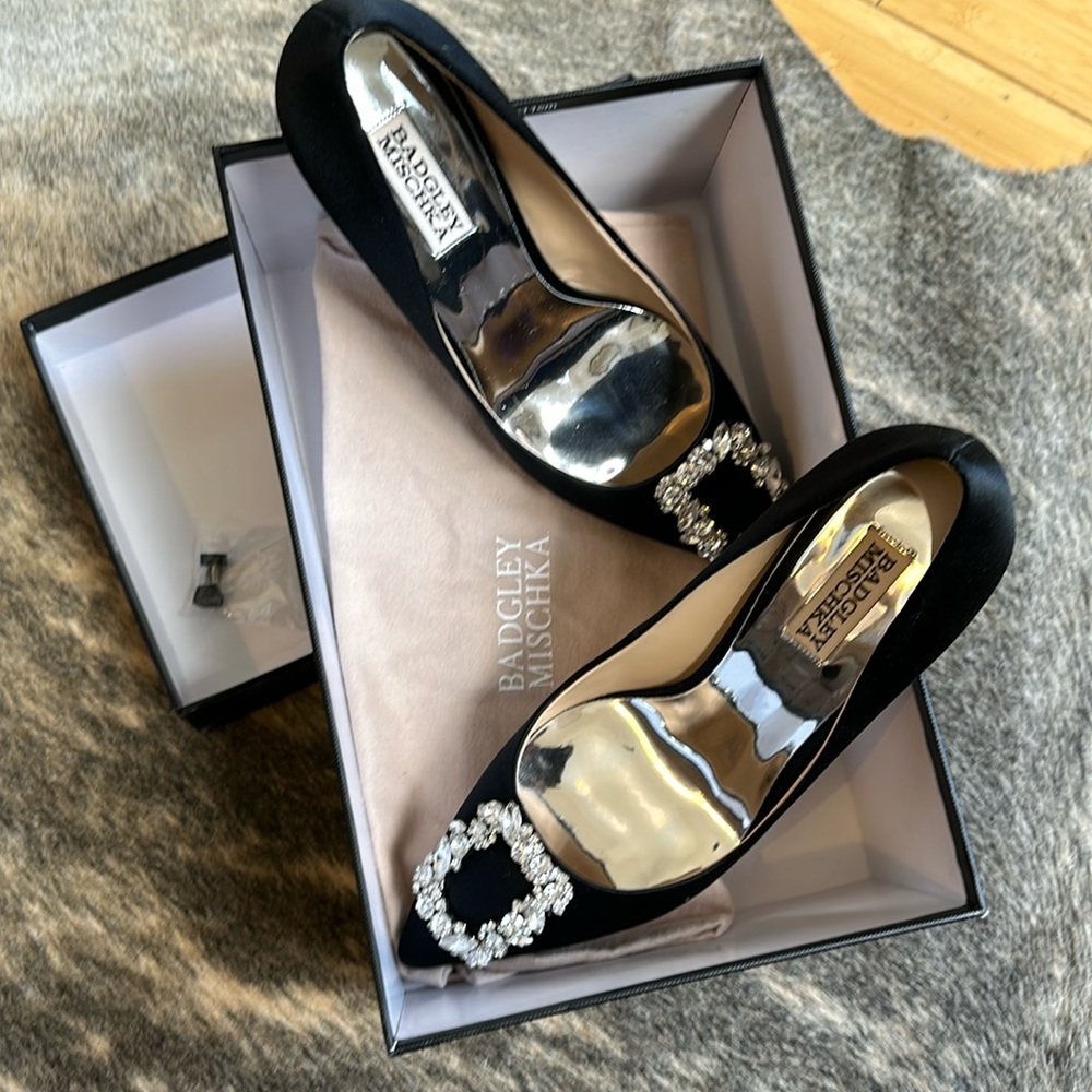 Badley Mischka Black Satin Carrie Heel with Crystal Embellishment